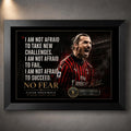 Black framed Zlatan Ibrahimovic soccer wall art with AC Milan colours and a bold No Fear quote design.