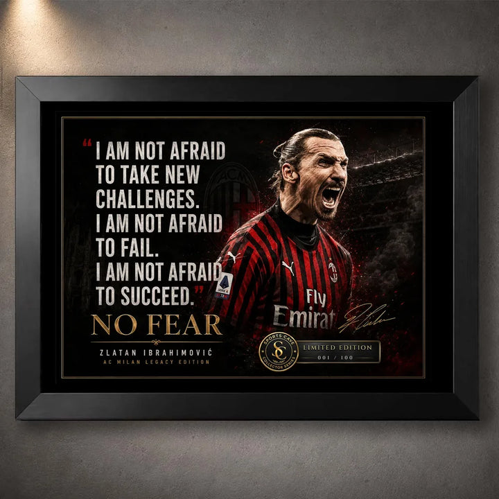 Black framed Zlatan Ibrahimovic soccer wall art with AC Milan colours and a bold No Fear quote design.
