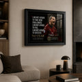 Zlatan Ibrahimovic soccer wall art in a black frame displayed above a sofa in a modern living room.